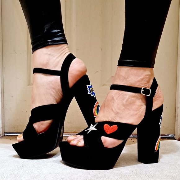 Black Denim Patched Open Toe Ankle Strap BlockHeel - Picture 8 of 8